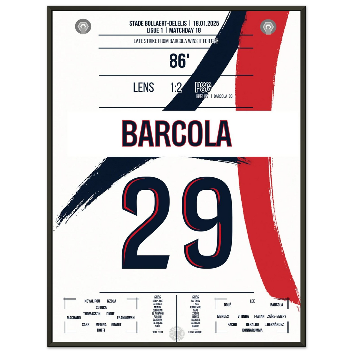 Barcola marque tard pour gagner à Lens