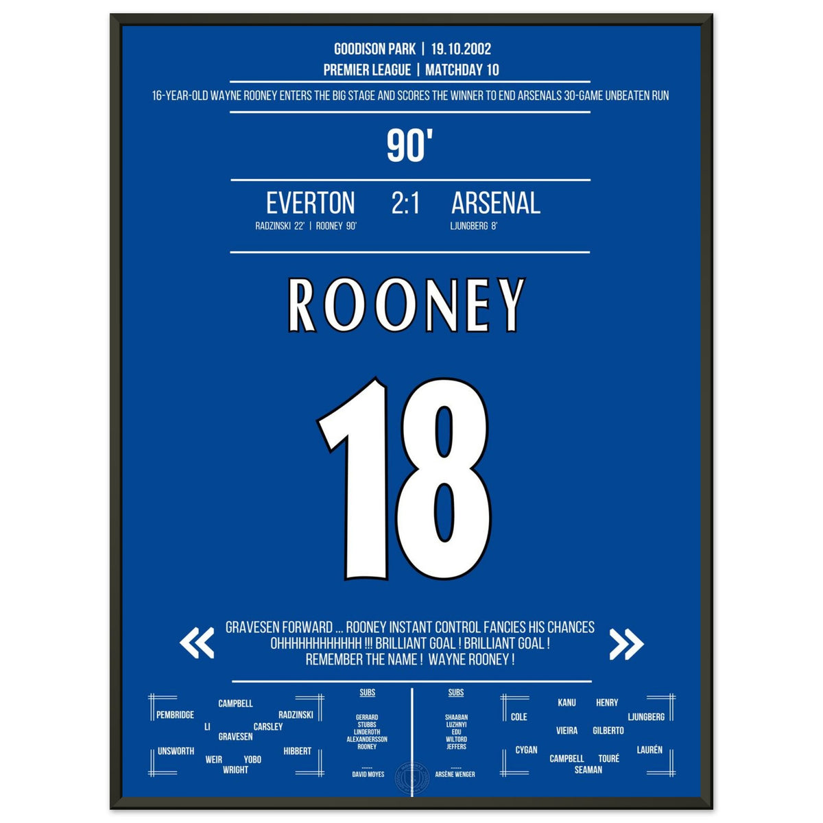Rooney, 16 ans, entre sur la grande scène avec le but vainqueur à la 90e minute contre Arsenal.