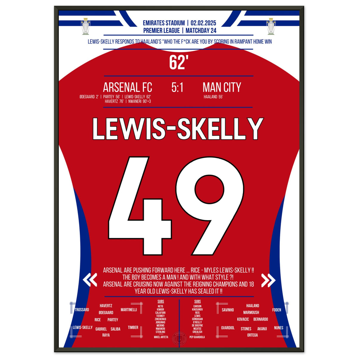 Lewis-Skelly scores in a dominant 5-1 home victory against City.