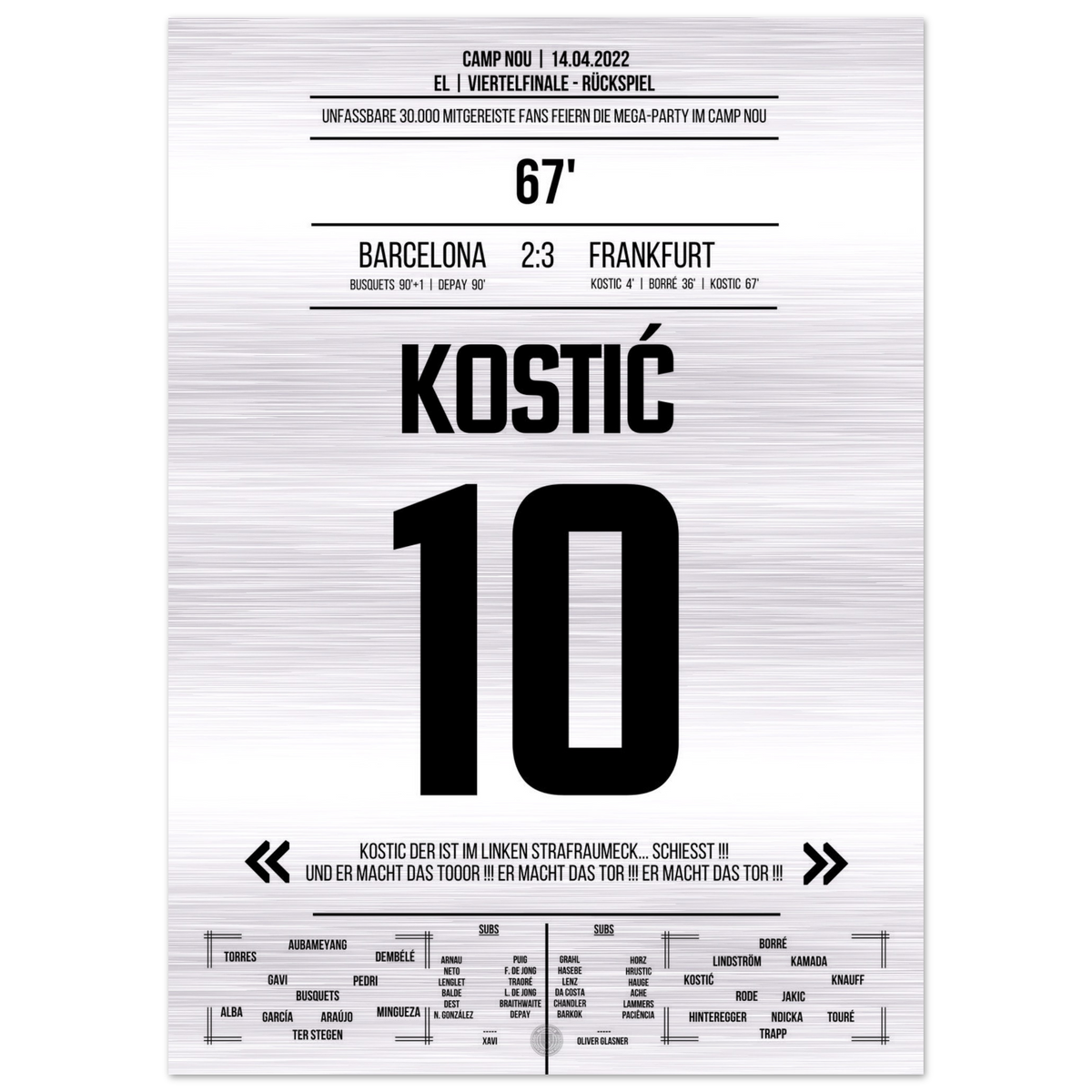 (Metal Print) Kostic's star performance at Frankfurt's big party in Camp Nou