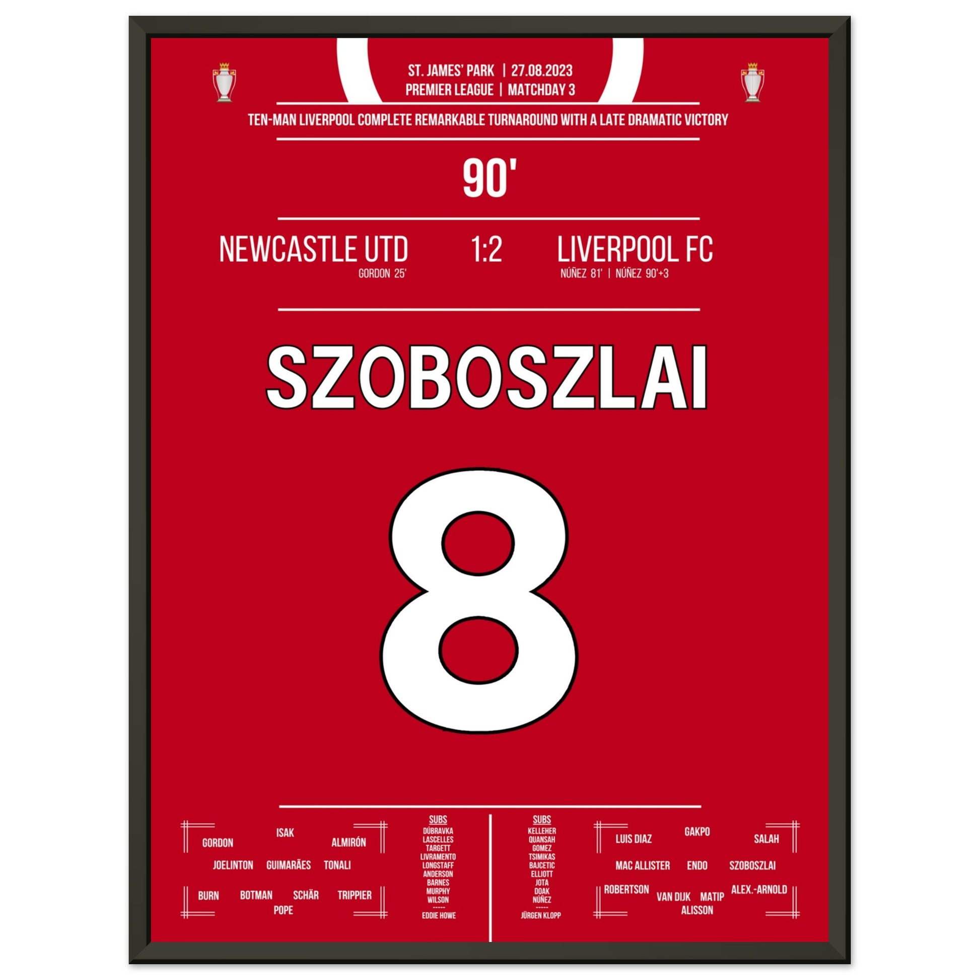 Liverpool's spätes Comeback in Unterzahl im St. James' Park 45x60-cm-18x24-Schwarzer-Aluminiumrahmen