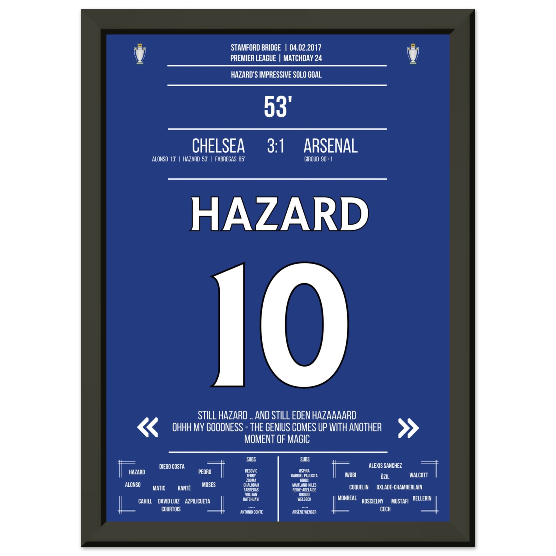 Hazard's Weltklasse-Solo gegen Arsenal in 2017 A4-21x29.7-cm-8x12-Schwarzer-Aluminiumrahmen