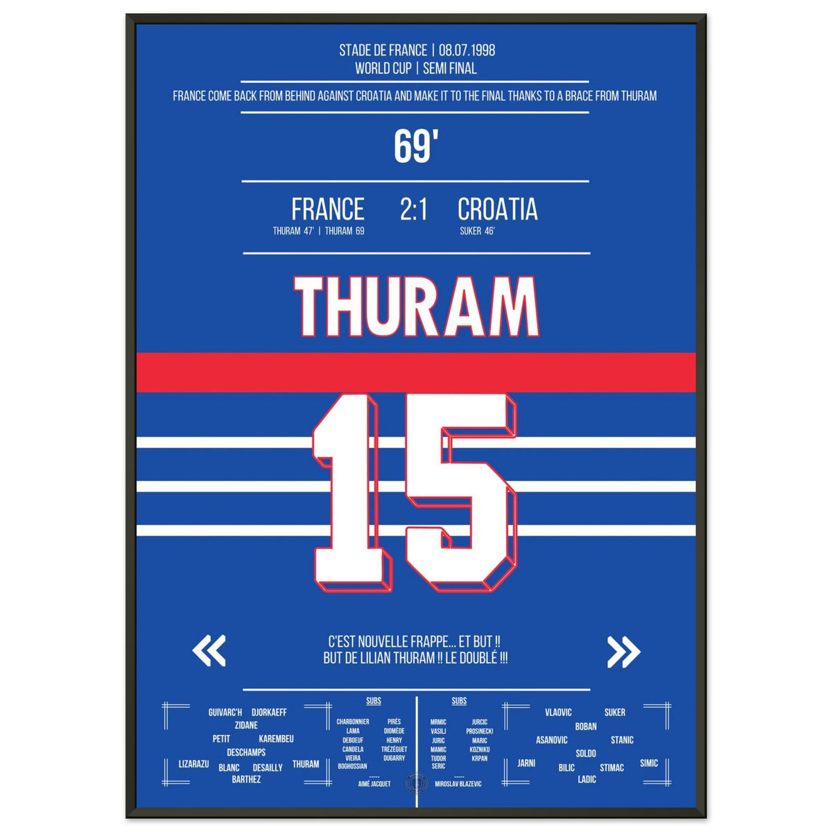 Le doublé de Thuram mène les Bleus en finale de la Coupe du Monde 1998.