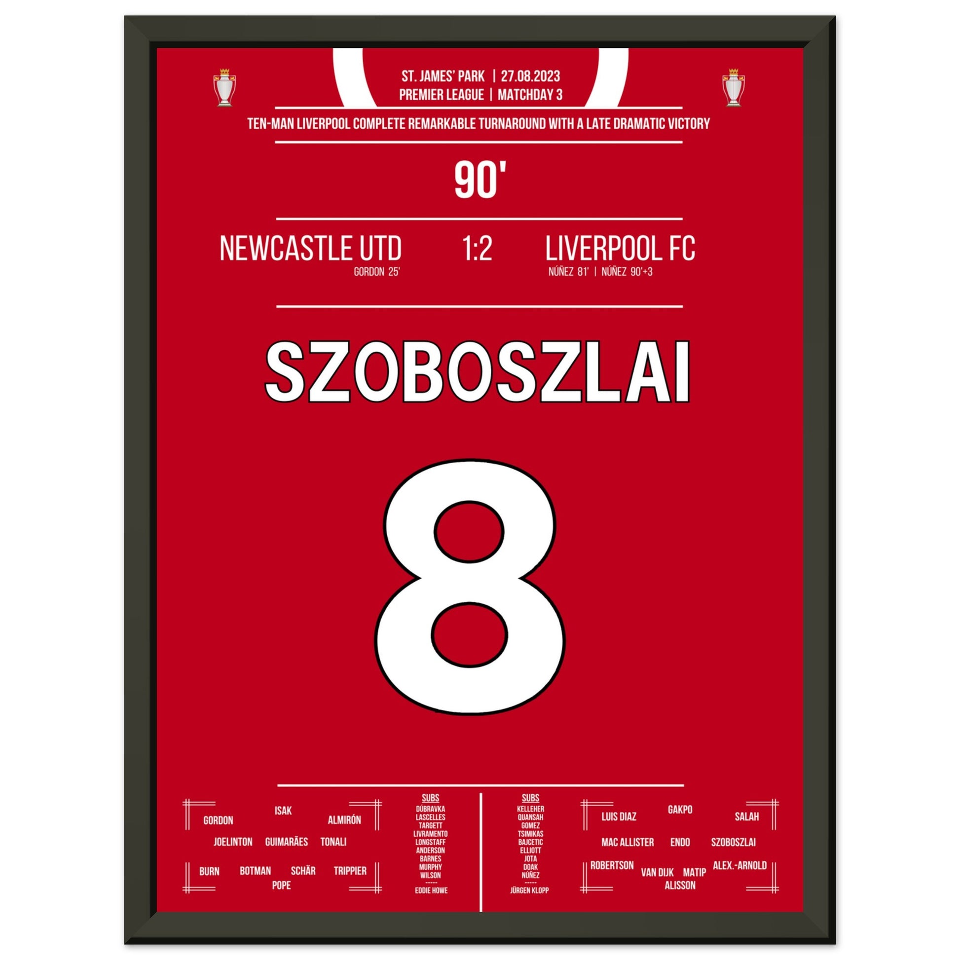 Liverpool's spätes Comeback in Unterzahl im St. James' Park 30x40-cm-12x16-Schwarzer-Aluminiumrahmen