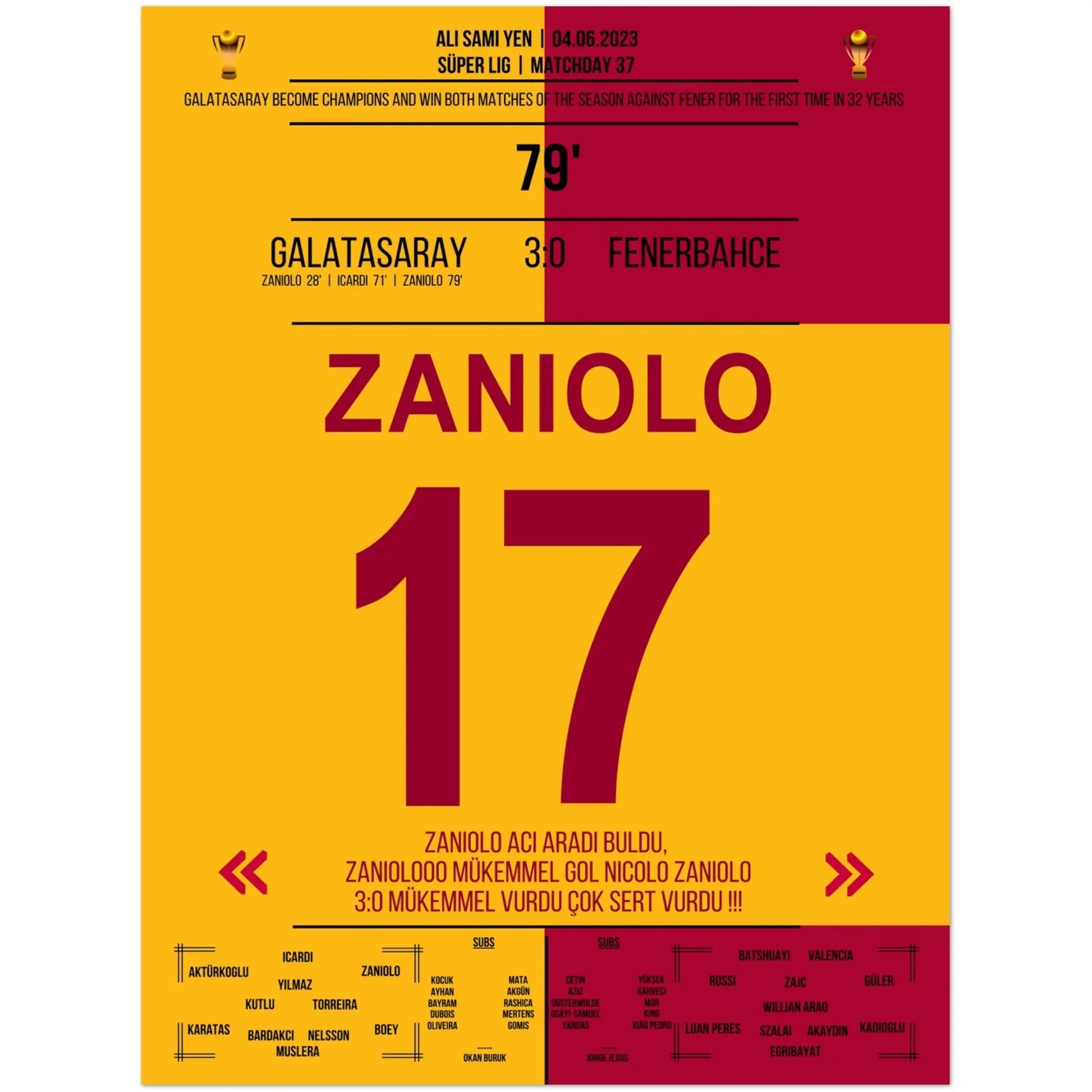 Galatasaray feiert die Meisterschaft im zweitem Derbysieg gegen Fenerbahce 2023 30x40-cm-12x16-Ohne-Rahmen