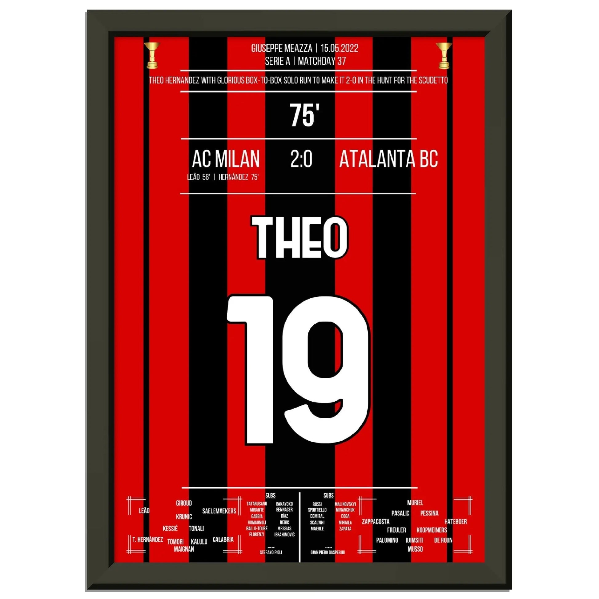 Theo Hernández' spektakuläres Solo-Tor gegen Atalanta auf dem Weg zum Scudetto A4-21x29.7-cm-8x12-Schwarzer-Aluminiumrahmen