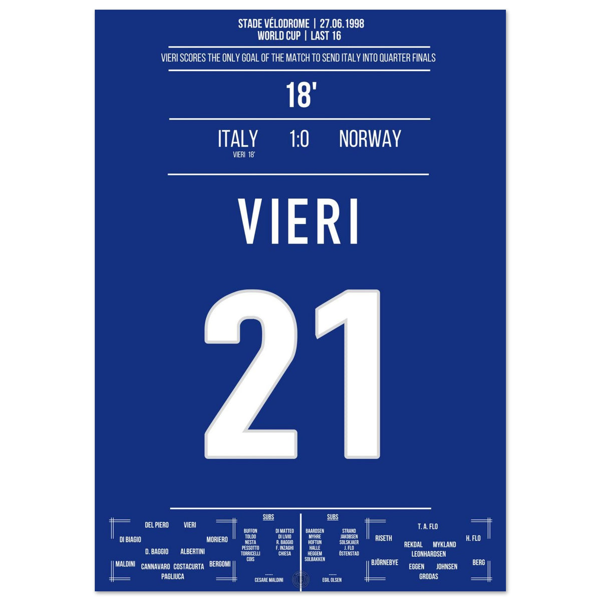 Vieri décide des huitièmes de finale de la Coupe du monde contre la Norvège en 1998