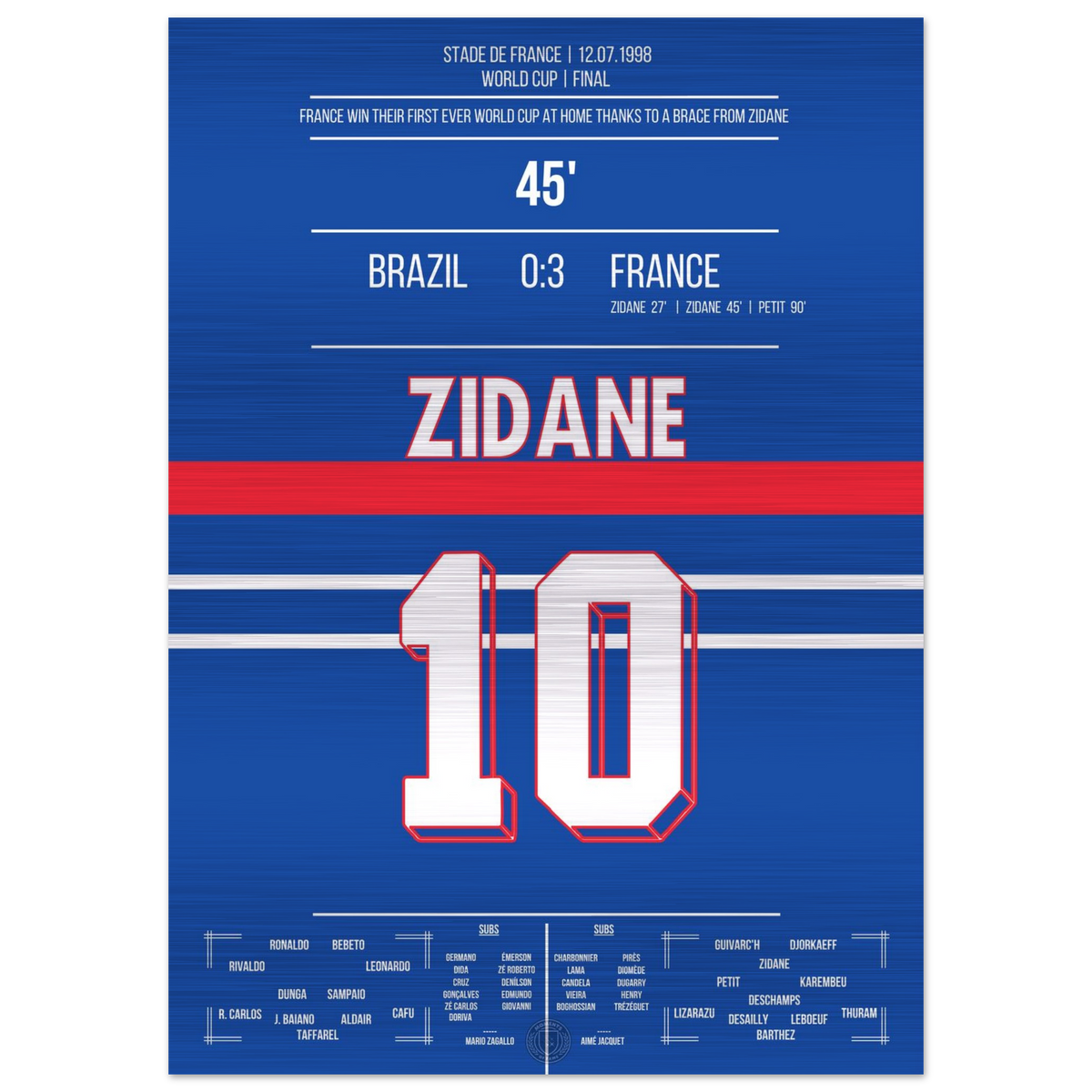 (Metal Print) Zidane se prépare pour le premier titre de la France en Coupe du Monde en 1998 contre le Brésil