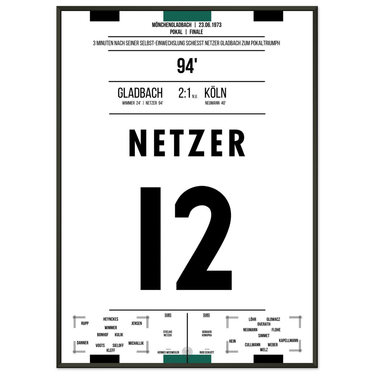Netzer substitutes himself in and scores Gladbach's cup victory in 1973.