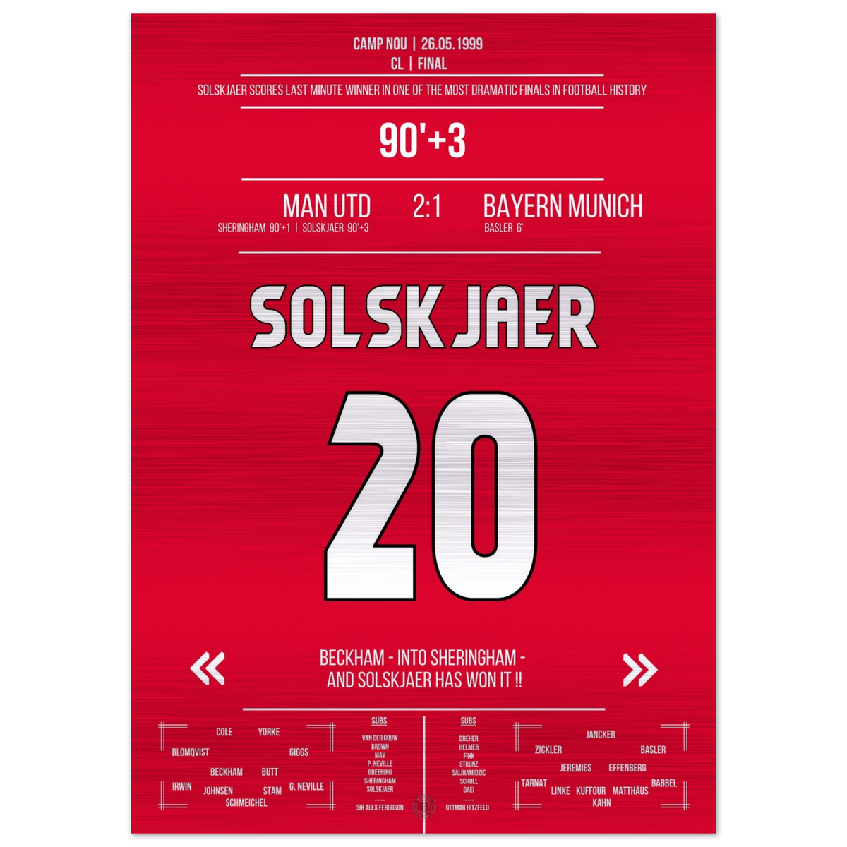 (Metal Print) Solskjaer marque lors du retour le plus mémorable de l'histoire lors de la finale de 1999 contre le Bayern