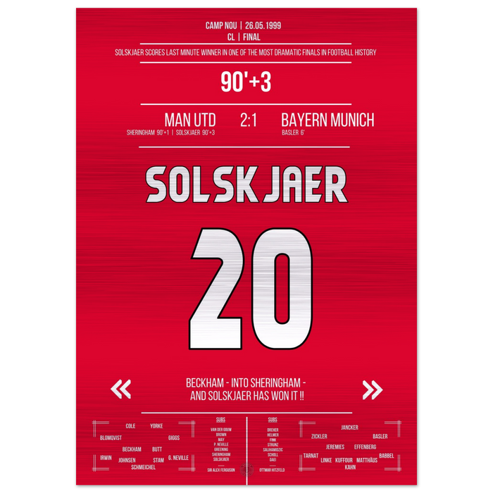 (Metal Print) Solskjaer scores in the most memorable comeback in history in the 1999 final against Bayern