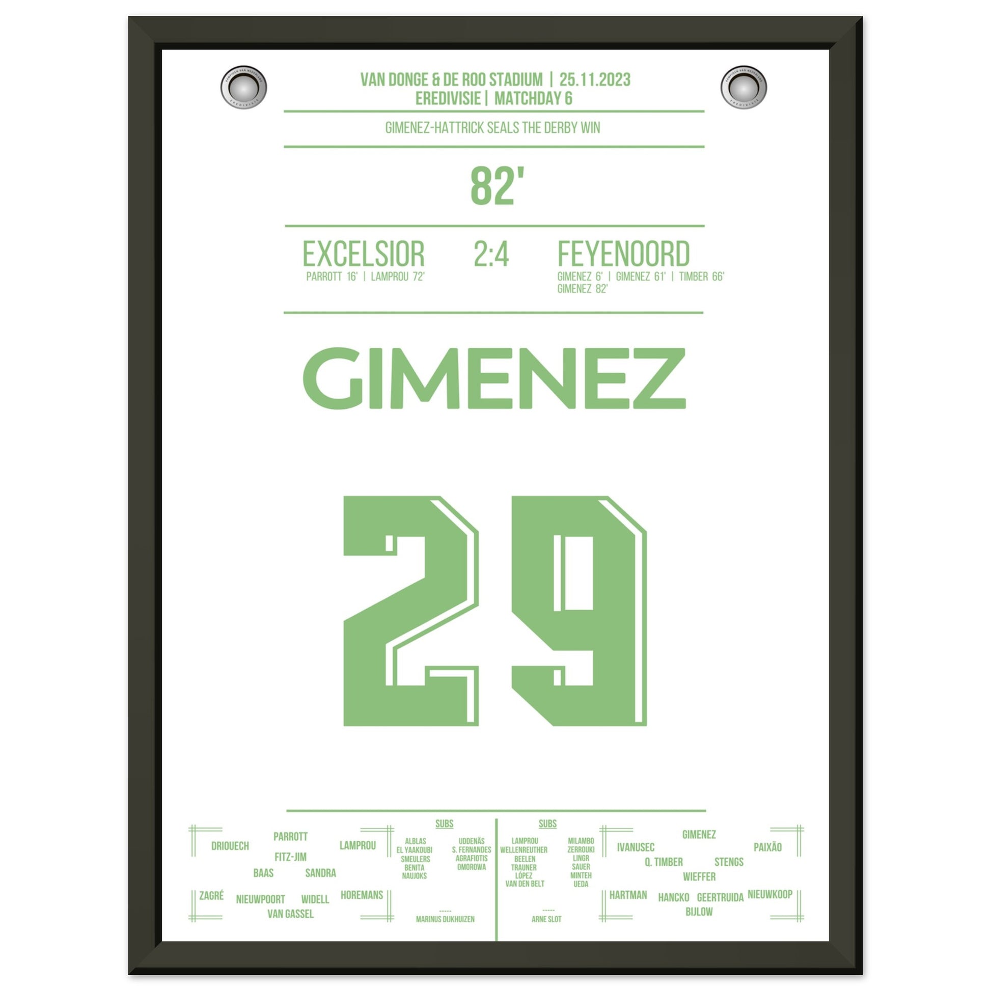 Gimenez-Hattrick beim Derby Sieg gegen Excelsior 30x40-cm-12x16-Schwarzer-Aluminiumrahmen