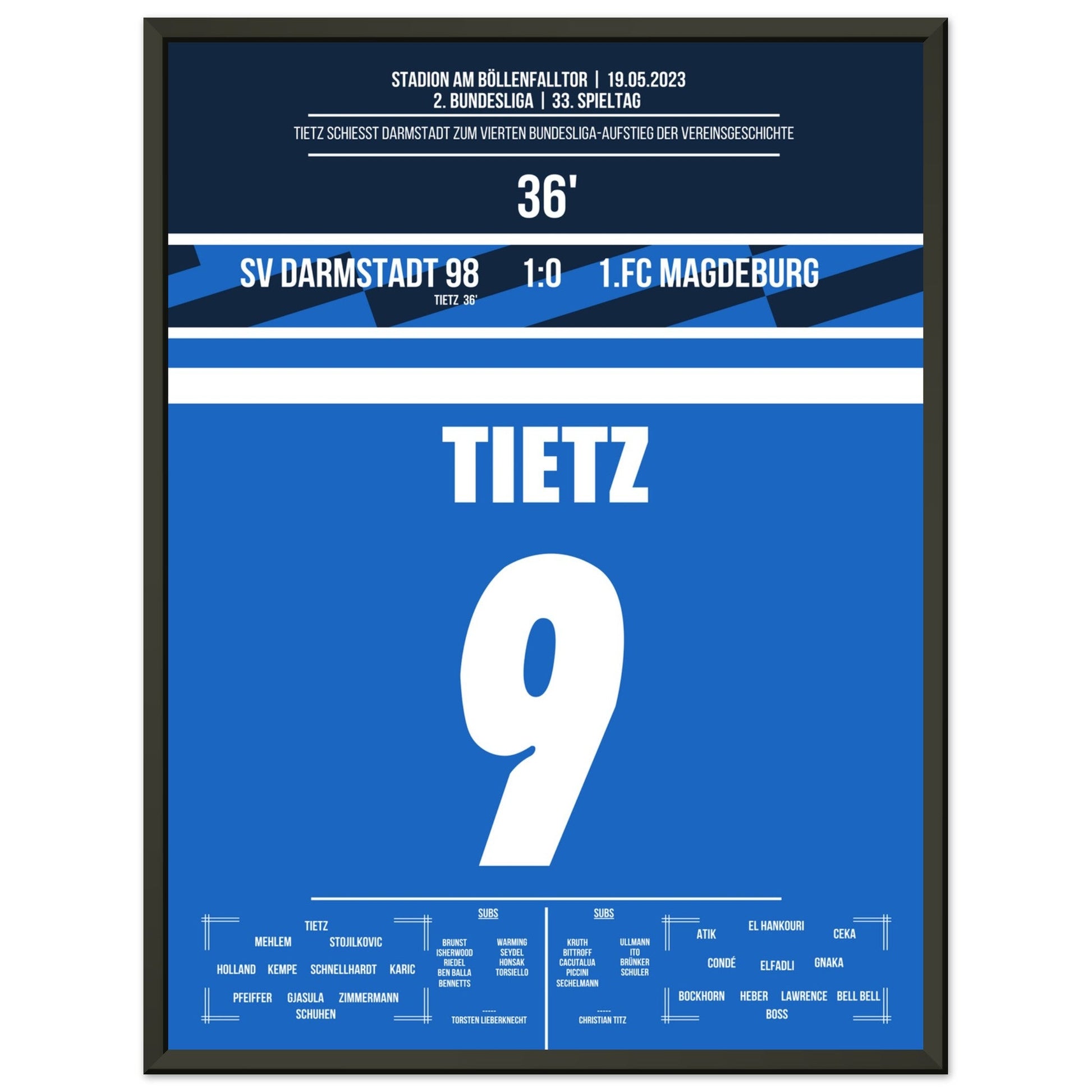 Darmstadt's Wiederaufstieg in die Bundesliga in 2023 45x60-cm-18x24-Schwarzer-Aluminiumrahmen
