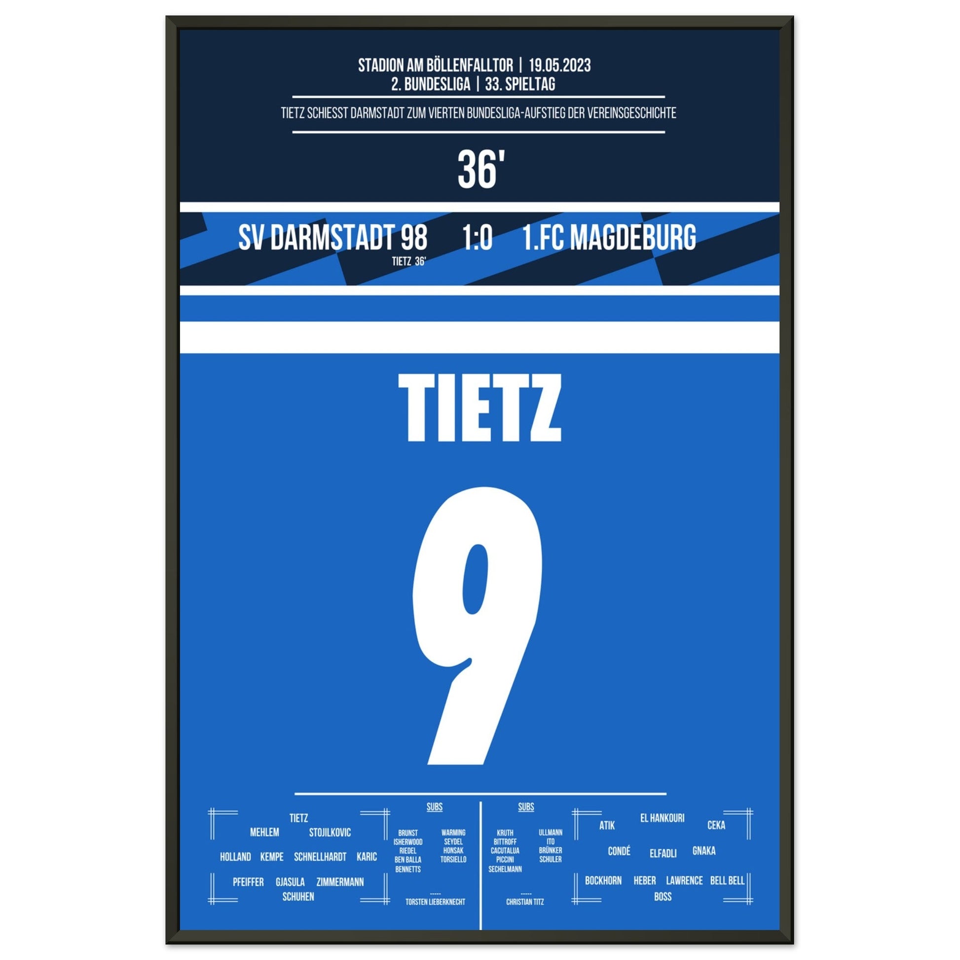 Darmstadt's Wiederaufstieg in die Bundesliga in 2023 60x90-cm-24x36-Schwarzer-Aluminiumrahmen