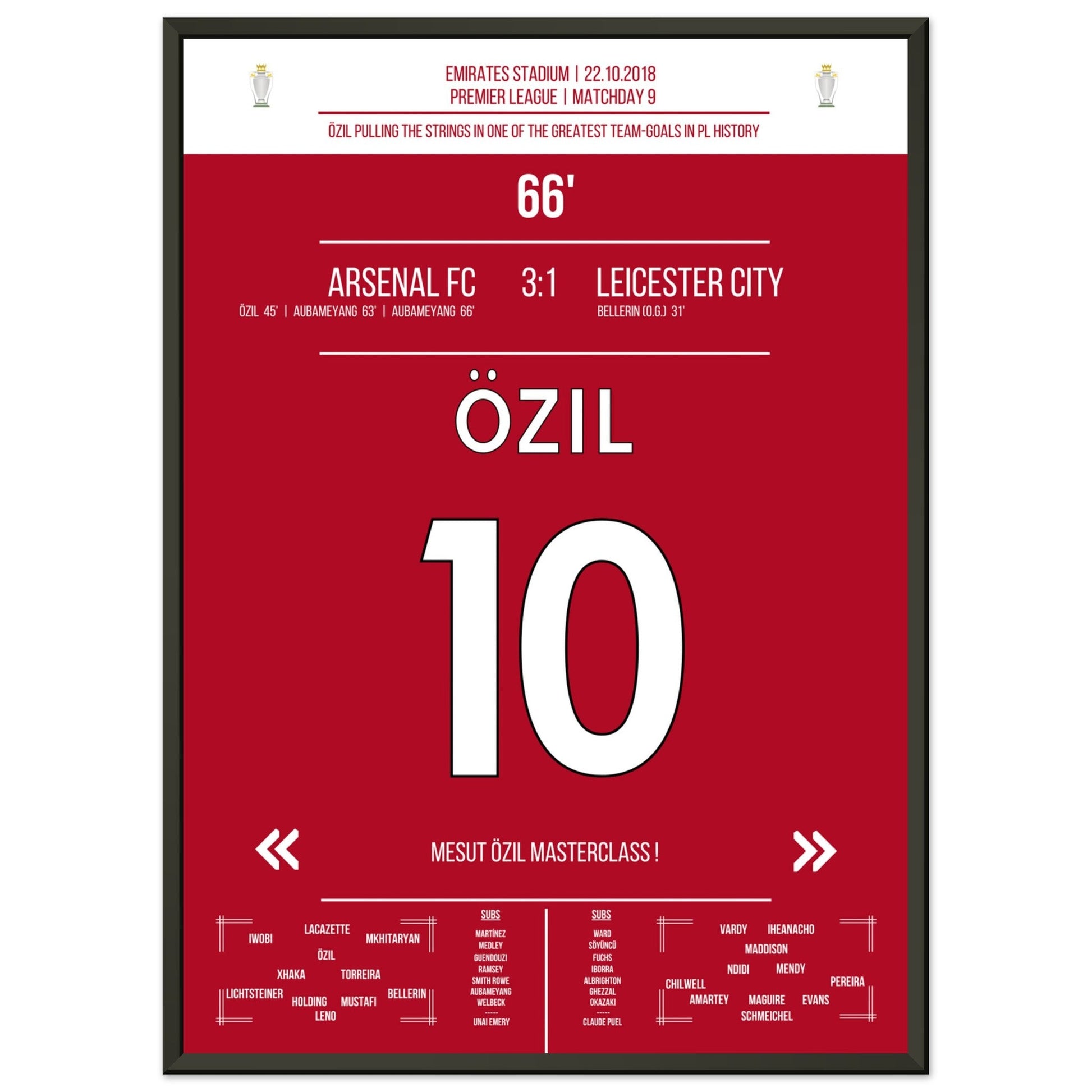 Mesut Özil Masterclass gegen Leicester in 2018 50x70-cm-20x28-Schwarzer-Aluminiumrahmen
