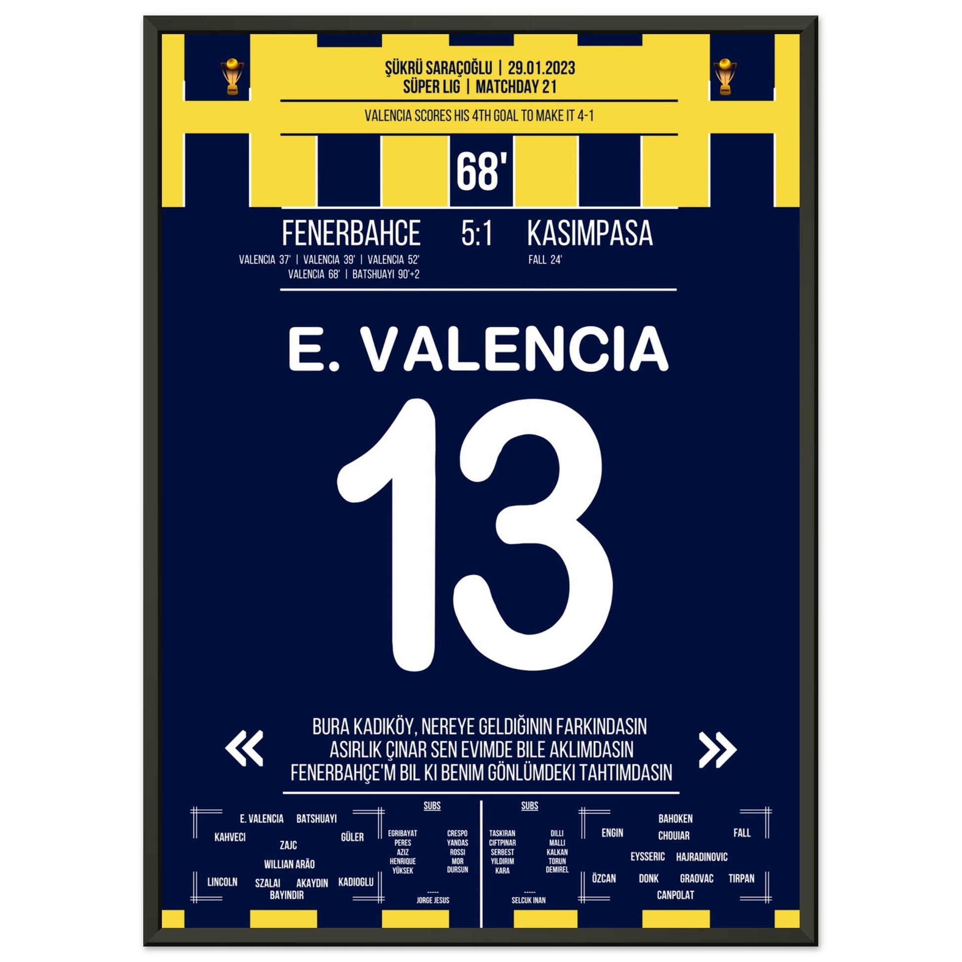Viererpack von Enner Valencia gegen Kasimpasa in 2023 50x70-cm-20x28-Schwarzer-Aluminiumrahmen